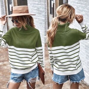 🆕 Kirundo Striped Turtleneck Relaxed Fit Colorblock Sweater, Olive, Size M